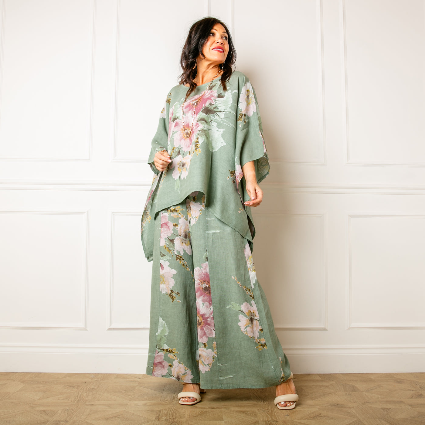 The sage green Bouquet Print Linen Top which is also available as a linen trouser set