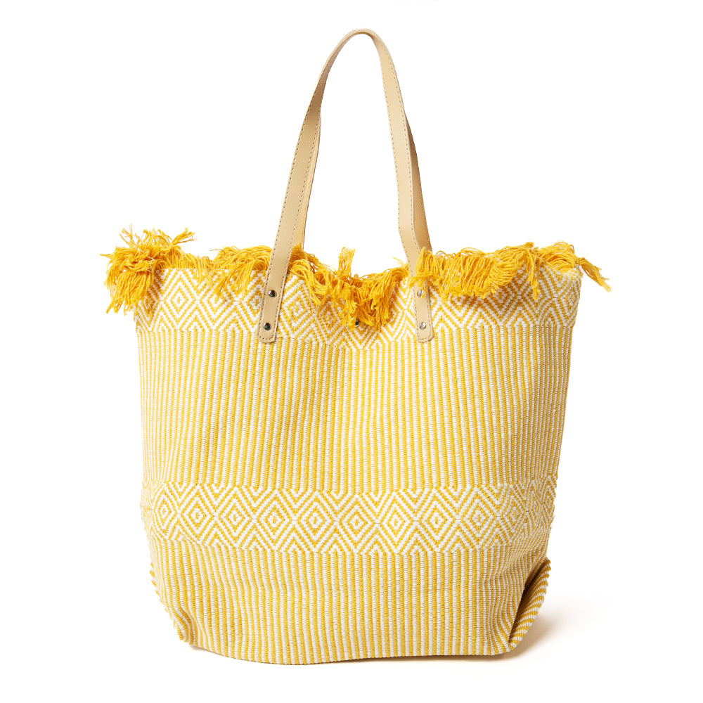The Woven Beach Bag in yellow with a fun aztec and striped pattern, perfect for summer